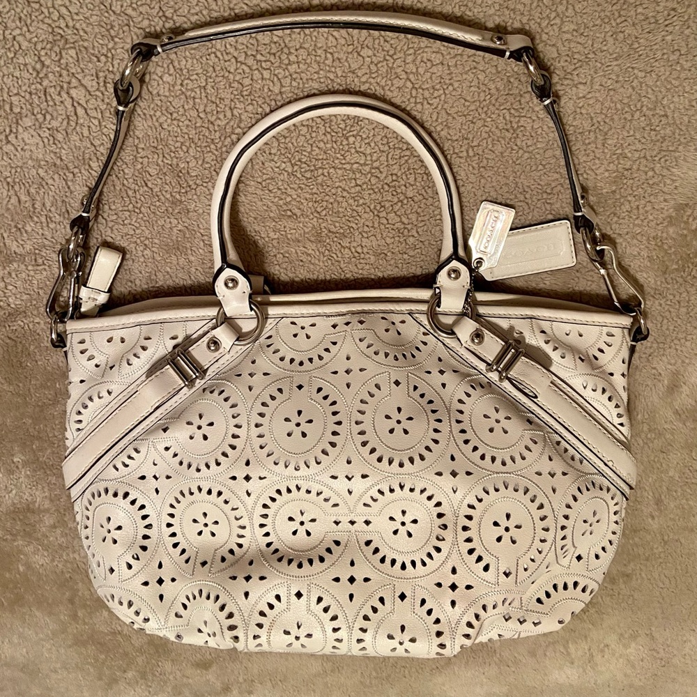 COACH Madison White Laser Cut Leather Sophia Satchel Shoulder Handbag Purse